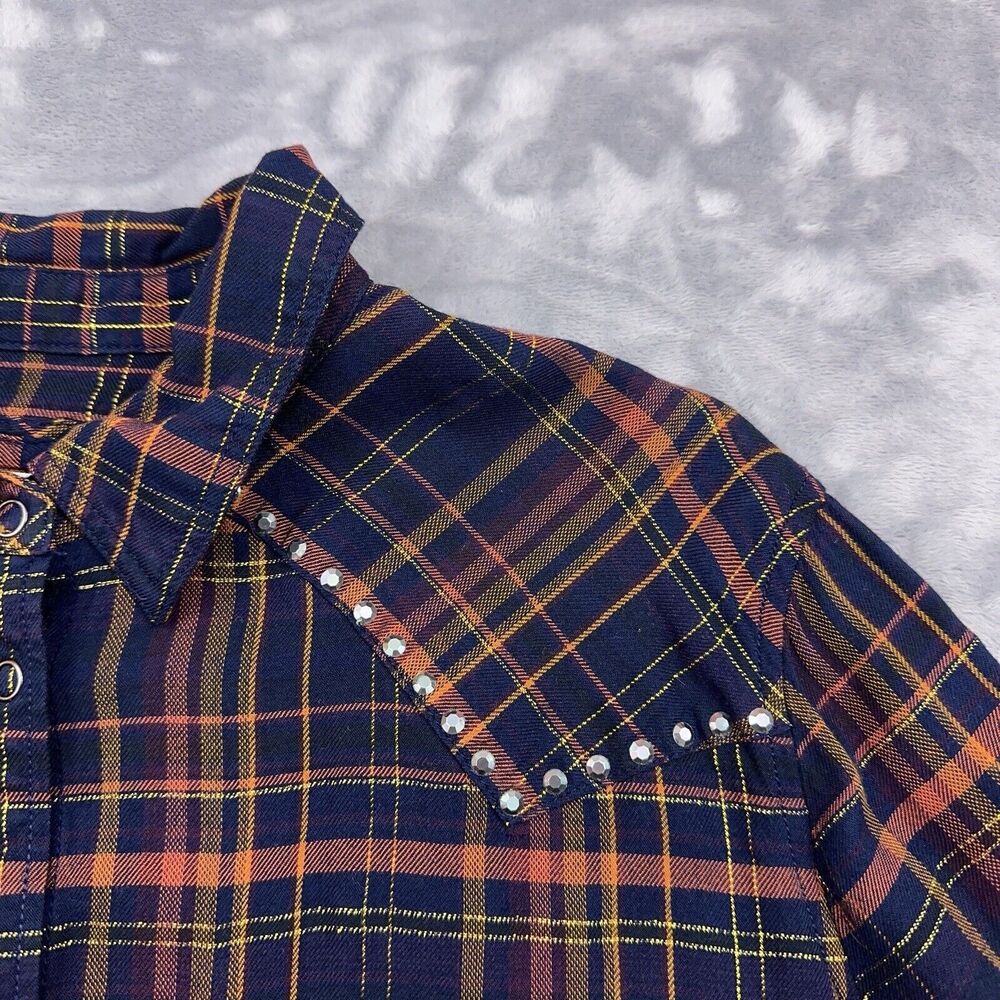 Express Shirt Women's Size L Blue Metallic Western Plaid Studded Boyfriend Snap - Picture 5 of 10